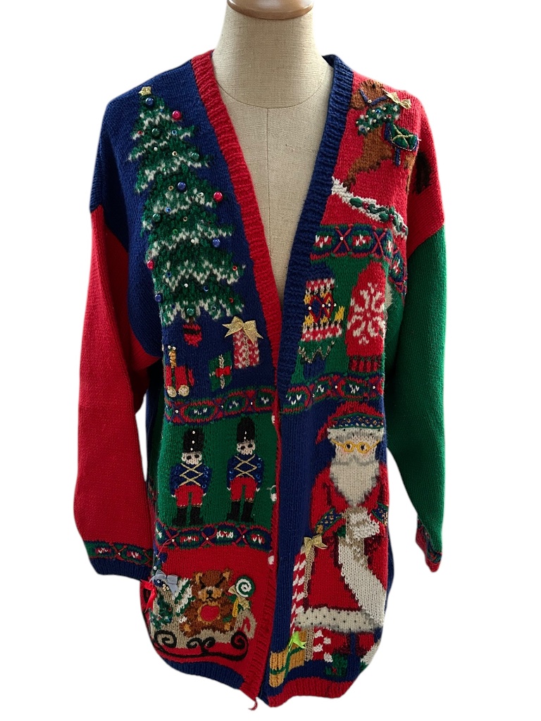 Talbots Vintage 90s Hand Knit Spectacular Multi Color Ugly Christmas Seater S